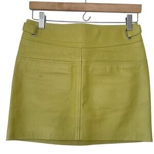Coach Chartreuse Lime 100% Calf Leather Exposed Zipper Moto Mini Skirt • Size 0